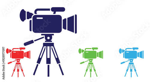 Colorful icons of video cameras on tripods in red, blue, green and navy on white background