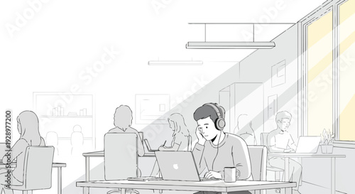 Illustration of people working in a modern coworking open space area with a flat 2D design and a minimalist aesthetic.