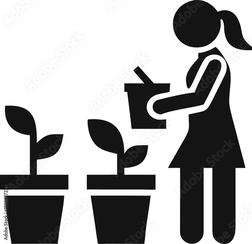 Gardener Nurturing Multiple Small Potted Plants with Water for Healthy Development