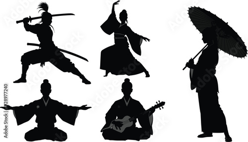 Authentic Japanese Culture Silhouette Set Featuring Traditional Samurai Warrior Ronin Geisha With Umbrella Musician Playing Shamisen And Kimono Dancers In Elegant Vector Poses