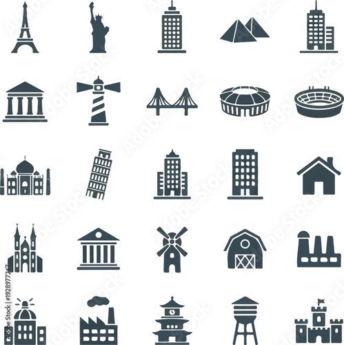 Global Landmarks and Famous World Architecture Icon Set
