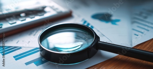The magnifying glass focusing on financial charts and calculator for business analysis