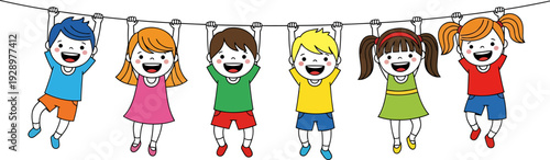 Happy diverse children hanging on a line, playing together joyfully with smiles