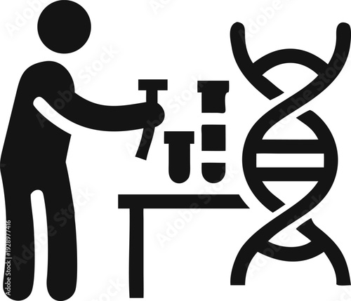 Geneticist Examining Test Tubes Next to a DNA Double Helix Structure for Research