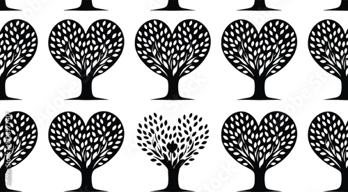 Black heart shaped trees pattern with one white inverted tree in the middle as symbol for individuality leadership unique standing out from the crowd