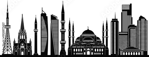 Black and White Silhouette Vector Illustration of a City Skyline Featuring a Mosque Skyscrapers a Church and a Television Tower flavector