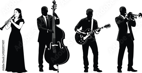 Black and white jazz band silhouette set with musicians playing trumpet double bass guitar and clarinet for live music vector