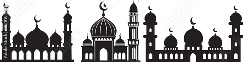 Minimal mosque masjid silhouette vector set with domes, minarets and crescent moon. Clean black Islamic architecture design for Ramadan, Eid, prayer themes, posters, logos, banners and backgrounds.