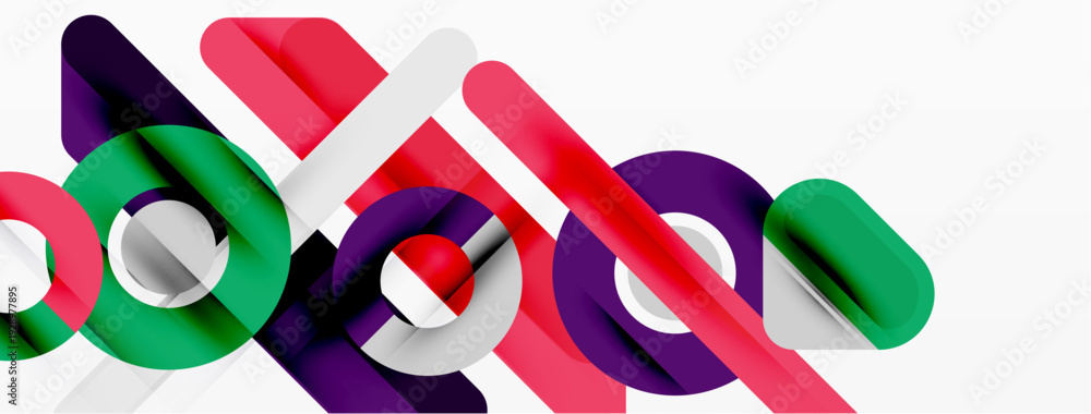 Fototapeta premium Abstract geometric shapes overlap, creating dynamic colorful composition. Lines, curves, circles form modern design elements.