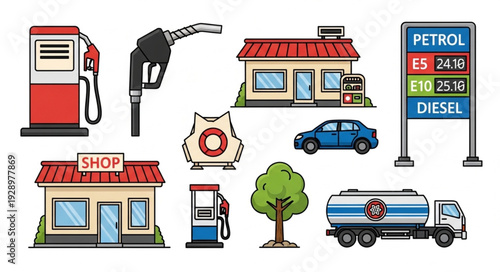 Gas Station Elements - Fuel Pumps, Shop, and Transport Vehicles.
