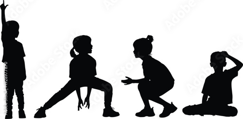 Black silhouette group of diverse children playing and exercising together isolated on white background concept of childhood development active lifestyle and youth vitality