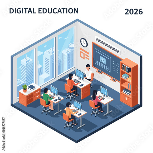 Modern digital classroom with students and teacher working on computers.