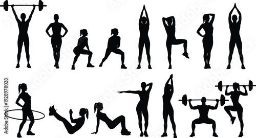 Black silhouette set of fitness women and men exercising including weightlifting yoga squats hula hoop and stretching icons isolated on white background for gym design