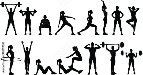 Black Silhouette Set of People Doing Fitness Exercises Gym Workout Weightlifting Bodybuilding Yoga Stretching and Cardio Training Icons Isolated on White Background for Sports Design