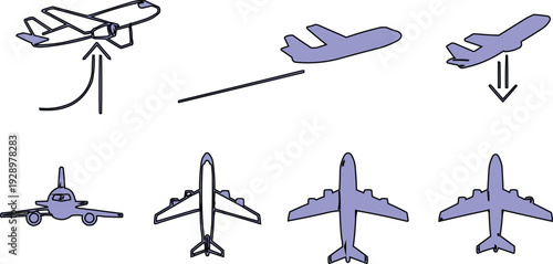 This style of airplane drawings features a grid layout, characterized by light lavender or blue colors and distinct black outlines that define their shape. The colorful design gives the airplanes a qu