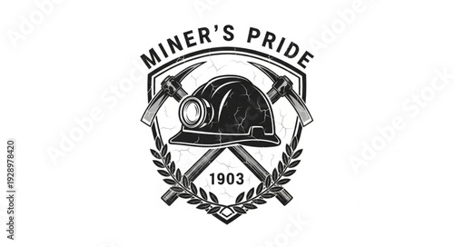 Vintage Miners Pride emblem with helmet and pickaxes, established in 1903.