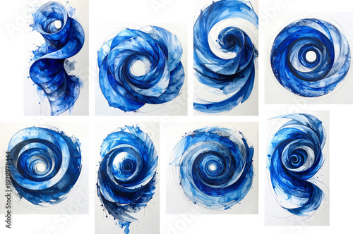 Blue abstract spiral vortex set watercolor ink illustration on white
