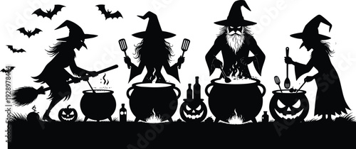 Black silhouette vector illustration of spooky witches and a wizard brewing potions in cauldrons with bats and carved pumpkins for Halloween party decoration.