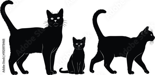 Black Cat Silhouettes Collection Featuring Adult Cats and Small Kitten Standing and Walking Isolated for Minimalist Animal Vector Graphic Design