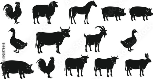 Black silhouette farm animal collection set including cow horse pig sheep goat duck rooster and cattle for rural agriculture vector design (20 words)
