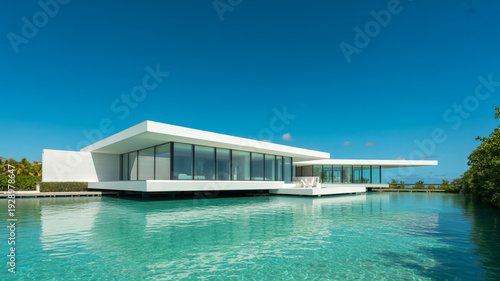 Modern Luxury Waterfront House With Large Windows And Swimming Pool For Real Estate And Architecture Concept