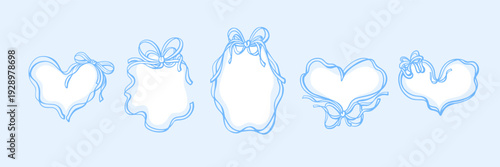 Vintage blue heart frame with hand drawn bow, decorative pencil border