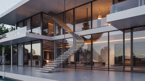 Modern Luxury Home With Floating Staircase And Floor-To-Ceiling Windows At Dusk For Real Estate And Architecture Marketing