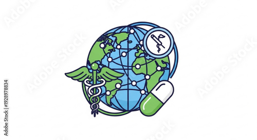 Global health concept with earth globe medical symbols and a capsule on white background