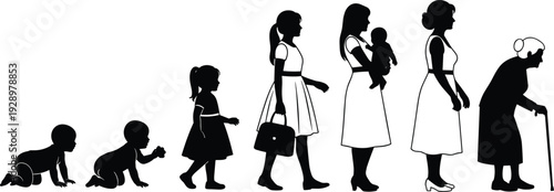 Black silhouette of female life cycle from baby to elderly woman showing aging process and growth stages isolated vector flavector