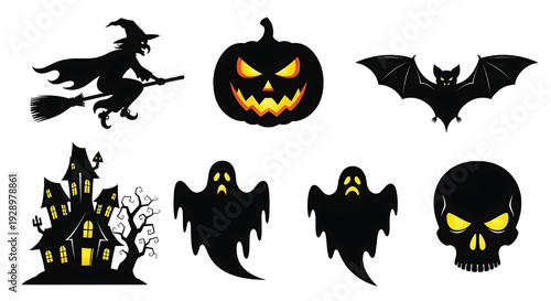 Halloween icon set with witch on broom, jack-o'-lantern pumpkin, bat, haunted house, ghosts and skull silhouettes featuring spooky, scary, horror with silhouette and broomstick elements for ghost,