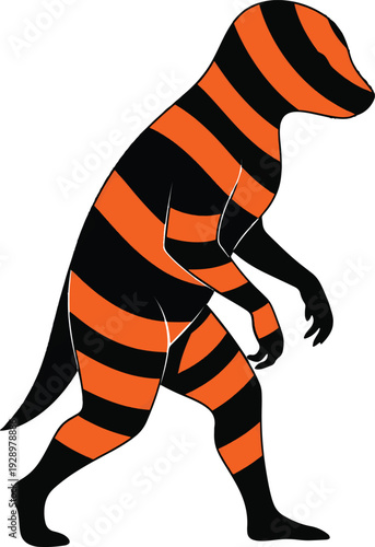 A bipedal dinosaur silhouette walking with horizontal orange and black stripes on a white background