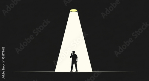 Man in spotlight with microphone standing alone on dark background with bright light beam