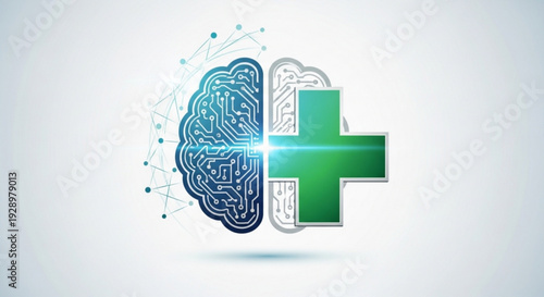 Medical technology concept with brain and green cross symbol on white background with neural network