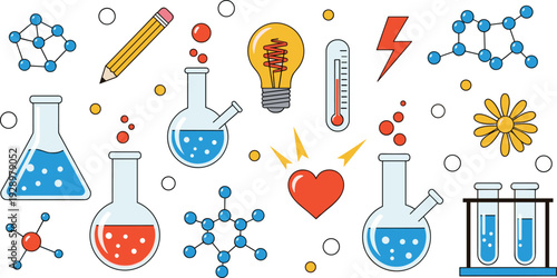 Science Laboratory Research Vector Icon Set with Chemistry Flasks Molecules Lightbulb and Education Elements Isolated on White