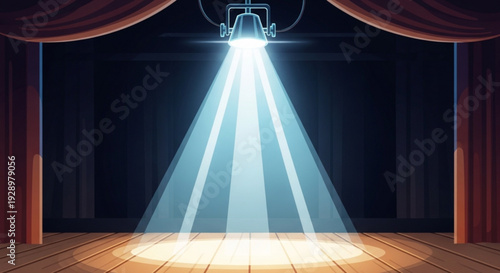 Spotlight shines down on a dark stage with red curtains and wooden floor