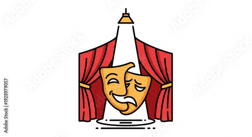 Theatrical drama masks on stage with red curtains symbolizing comedy and tragedy in performing arts and entertainment