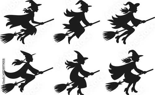 Silhouettes of Witches Flying on Brooms Against White Background vector illustration