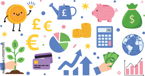Cute Finance and Savings Vector Illustration Set with Kawaii Money Characters Piggy Bank and Global Investment Icons