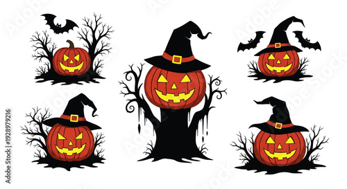 Halloween pumpkin set with witch hat, spooky tree silhouettes and bats, cartoon jack o lantern clipart isolated on white featuring jackolantern, bat, haunted with creepy and scary elements for