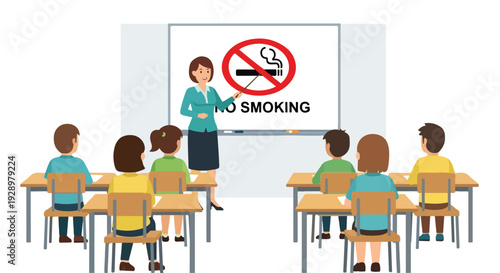 Illustration of a teacher standing in front of a classroom with students and a no smoking sign on the board