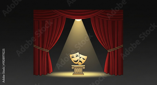 Theatrical masks on pedestal under spotlight red curtains open drama performance concept with comedy and tragedy faces