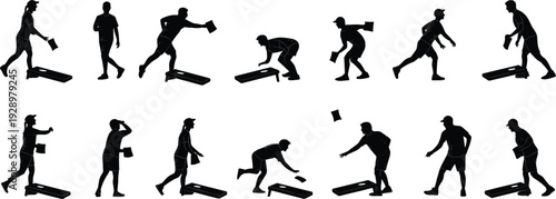 Silhouettes of People Playing Cornhole Game in Various Poses on White Background vector illustration