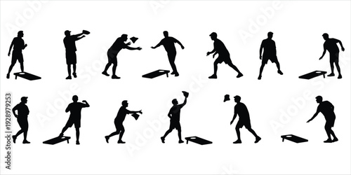 Silhouettes of Men Playing Cornhole Game in Various Poses on White Background vector illustration