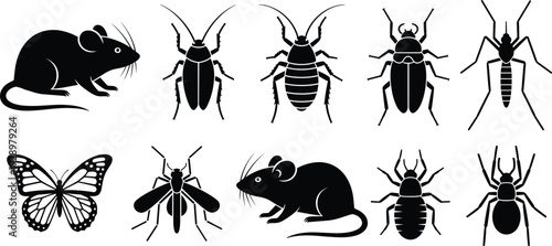 Pest Control Silhouette Set with Mouse Cockroach Mosquito Spider and Butterfly Icons Isolated on White