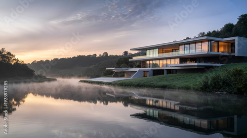 Modern Luxury Home On Serene Lakefront At Dawn For Real Estate And Architecture Concept