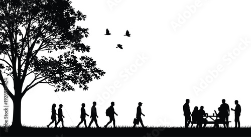 Black silhouette set of bathtub with shower dragon mythical creature artists painting at easels and people walking in park flavector vector