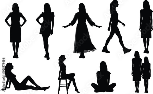 Black woman silhouettes set in various poses including standing walking sitting and reclining isolated on white background for fashion lifestyle and professional graphic design projects