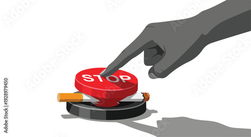 A gray hand pressing a large red stop button with white text on a white background with shadows.