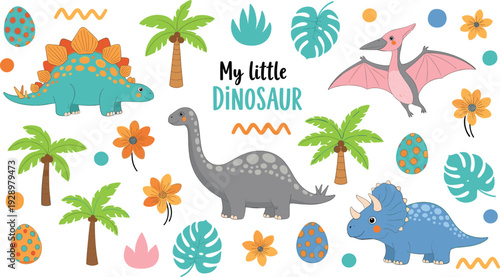 Cute Dinosaur Vector Collection with Brachiosaurus Triceratops Pterodactyl and Tropical Palm Trees Isolated on White