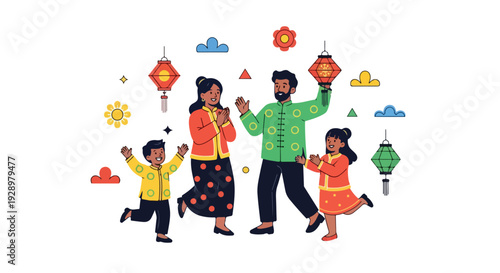 Illustration of a happy family with two children and colorful lanterns in mid-air on a white background with festive elements.